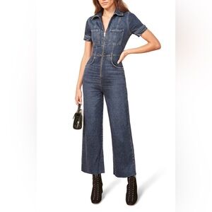 Reformation Georgia Blue Denim Overall Jumpsuit Sz 2 Raw Hem